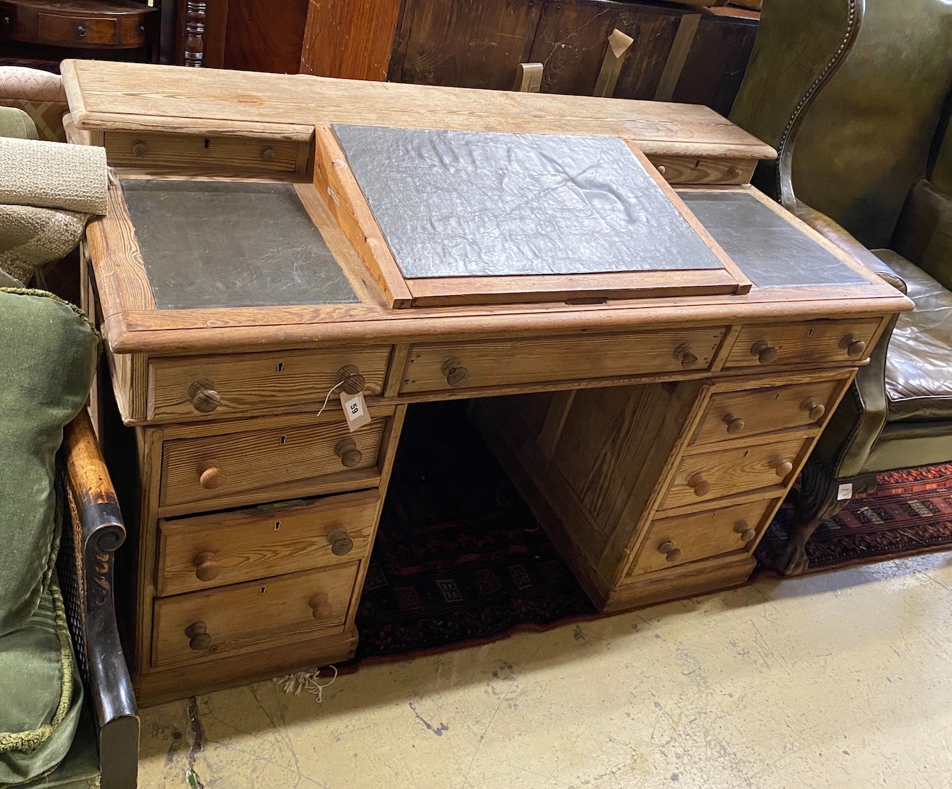 A Victorian pitch pine pedestal desk, length 138cm, depth 70cm, height 81cm